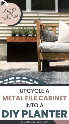 a wooden bench sitting on top of a patio next to a planter filled with flowers