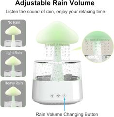 an image of a mushroom humider with instructions on how to adjust the rain volume