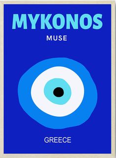 an eyeball with the words mykonos museum on it's blue background