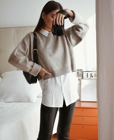 Sweatshirt With Button Up, Layered White Button Down Shirt Outfit, Turtleneck Button Down Shirt, Button Down Under Sweater Outfit, Sweater Over Button Up Women, Button Up Under Sweatshirt, Button Up And Sweater Outfit, White Button Up Shirt Outfit Winter, White Button Down With Sweater