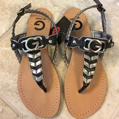 New G By Guess Braided Sandals. Sz 7. Black And Silver. Trendy Silver Adjustable Sandals, Trendy Adjustable Silver Sandals, Guess Sandals, Braided Sandals, Black And Silver, Women's Shoes Sandals, Black Silver, Shoes Sandals, Braids