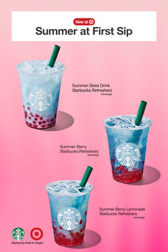 the starbucks summer drink is shown in three different cups