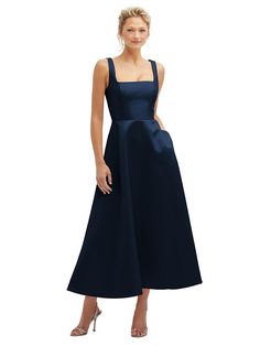 Formal Evening Wedding Guest Dress, Midi Gown, Midi Gowns, Dessy Collection, Guest Attire, Wedding Attire Guest, Square Neck Dress, Full Circle Skirts, Blue Bridesmaid Dresses