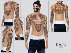 the man has many tattoos on his body and chest, but he is wearing a mask