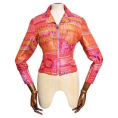 Fabulous 1990's Vintage Zip down Jacquard Jacket by Christian Lacroix, in beautiful hot pink and orange 'LaCroix' signature material, with a fitted cut that gives the garment and a sculpted silhouette. MADE IN FRANCE. Pit to pit - 18.5" Shoulder to hem - 19" Pit to Cuff - 15" We Recommended SIZE UK 8-10 (USA 6-8) - / however it could also fit a UK 6 nicely too worn a little Looser (USA 4). Good Condition despite age related wear, no obvious major flaws. 95% Acetate / 5% Rayon Fitted Orange Long Sleeve Outerwear, Vibrant Long Sleeve Fitted Top, Vibrant Fitted Long Sleeve Tops, Huge Hair, Jacquard Jacket, Antique Dress, Christian Lacroix, Marc Fisher, Down Jacket