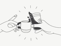 two hands holding coffee mugs in one hand and another hand reaching for the cup