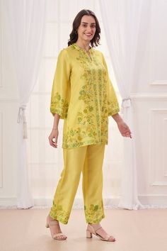 Yellow silk linen blend kurta with multi-colored floral hand embroidery. Comes with pant. - Aza Fashions Yellow Silk, Silk Linen, Pants Pattern, Pant Set, Set For Women, Aza Fashion, Three Quarter, Multi Colored, Linen Blend