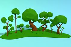 low poly trees on an island with green grass