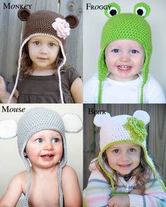 four pictures of children wearing crocheted hats with ears, nose and ear flaps