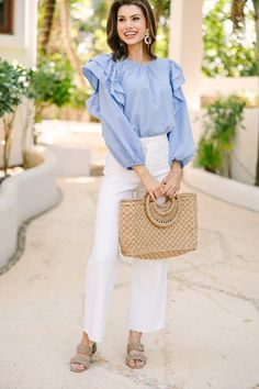 This dramatically ruffled blouse is stunning! That pastel hue is perfect for spring and we love the detailing. This blouse is a go to for any spring work day! Round neckline Button keyhole back Long bubble sleeves Dramatic ruffled shoulders No stretch Savannah is wearing the small. Light Blue Blouse Outfit, Blue Blouse Outfit, Smocked Sleeve, Light Blue Blouse, Spring Work, All Talk, Ruffled Blouse, Mint Julep Boutique, Pastel Hues