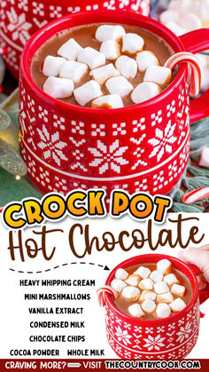 the crock pot hot chocolate recipe has marshmallows in it and is ready to be eaten