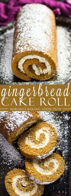 gingerbread cake roll with powdered sugar on top and cinnamon rolls in the middle