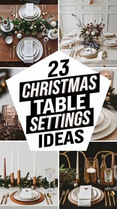 christmas table settings with candles, plates and napkins on top of each plate in the center