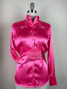 CR RanchWear Physical CR Special Neon Pink Satin Satin Blouse, Pink Satin, Neon Pink, Silk Satin, Made In Usa, Neon, Satin, Silk, Crystals