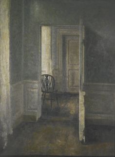 a painting of a room with a chair in the corner and an open door leading to another room