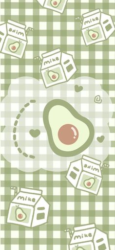 an avocado on a green and white checkered tablecloth with other food items