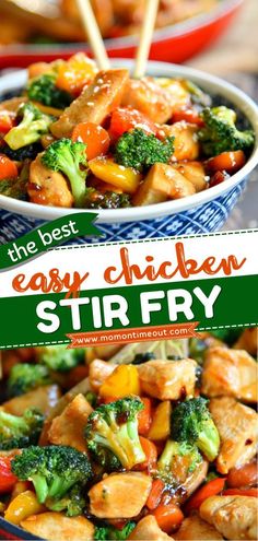 the best easy chicken stir fry is in a bowl with chopsticks