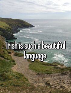 the words irish is such a beautiful language on top of a cliff overlooking the ocean