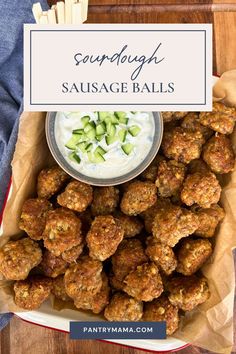 sausage balls are served with ranch dip and celery sticks