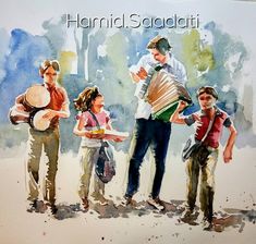 a watercolor painting of three men playing the accordion and two children standing next to each other