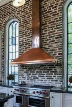 Custom - SINDA Copper Range Hood For Rebecca - SINDARange Hood Kitchen Copper, Ikea Regal, Casa Loft, Arched Windows, Exposed Brick, Style At Home, White Cabinets, Beautiful Kitchens, Brick Wall