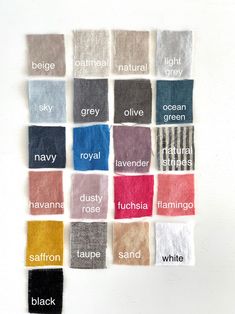 the names of different shades of fabric on a white background with black, grey, red, orange, and green