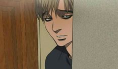 an anime character is peeking out from behind a door with his eyes wide open and looking at the camera