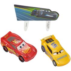 Ka-Chow! Join Lighting McQueen and Cruz in this fun Cake Topper. Includes two figurines and poly pic background. 3-Piece set. Dimensions: Lightning McQueen Figurine: 3.45 x 1.75 x 1.2 inches Cruz Figurine: 3.35 x 1.6 x 1 inches Background Pic: 4.45 x 2.85 x 0.1 inches WARNING: CHOKING HAZARD. Small parts. Not for children under 3 years. © Disney/Pixar Cars 3 Cake, Disney Cars Cake, Car Cake Toppers, Disney Cars 3, 3 Cake, Cars Cake, Birthday Lights, Cake Kit, Movie Birthday