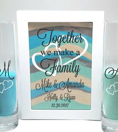 two shot glasses with the words together we make a family printed on them and next to each other