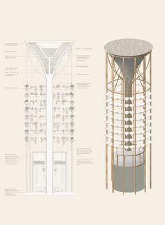 an architectural drawing of a tall tower with lots of windows