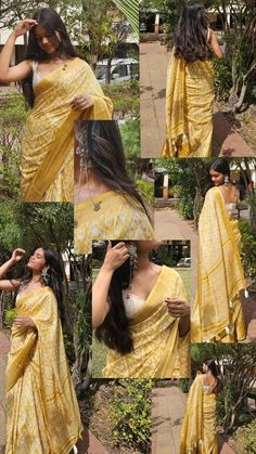 a woman wearing a yellow sari with multiple pictures of her in the same photo