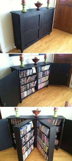 an entertainment center made out of a cabinet with several movies on the top and bottom shelves