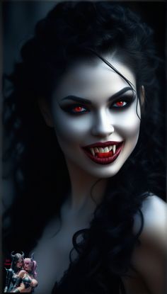 a woman with red eyes and vampire makeup