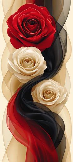 three roses with black, white and red swirls on the petals are in an abstract pattern