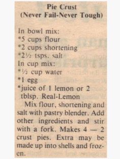 an old recipe for pie crust