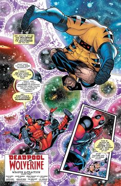 deadpool and wolverine comics are in the air with space around them, as if they were