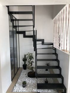 a set of stairs leading up to the second floor in a home with rocks and plants