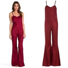 New With Tags, Never Worn. Deep Red, Not Bright Size 1 In Scf Would Be Perfect For A Christmas Party! Red Jumpsuits And Rompers For Night Out, Red Overall Jumpsuit For Fall, Casual Red Jumpsuits And Rompers For Party, Red V-neck Jumpsuit For Loungewear, Chic Red Overall Jumpsuit, Fitted Burgundy Jumpsuits And Rompers, Fox Pants, Bell Bottom Jumpsuits, Cropped Flare Pants