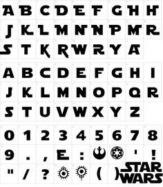 the star wars font and numbers are shown in black on a white background with an image of