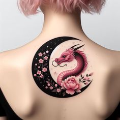 a woman with pink hair has a dragon tattoo on her back