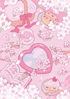 a pink background with flowers, cake and other items on it's surface in the shape of a heart