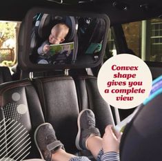 a baby in a car seat with the words convex shape gives you a complete view