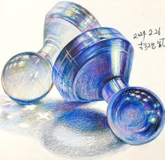 this is a drawing of two blue glass jars and one has a light reflection on the surface