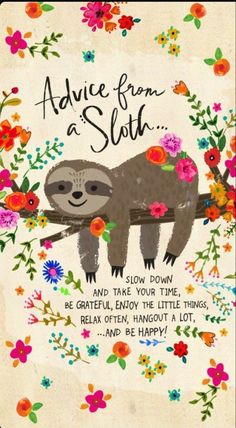 a card with a slotty on it that says, advice from a sloth