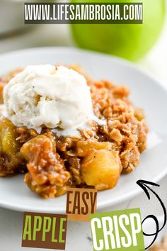 an apple crisp is served on a plate with ice cream and apples in the background