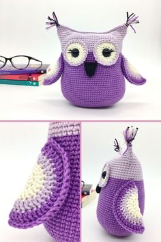 crocheted owl purse with eyeglasses on top and bottom, sitting next to books