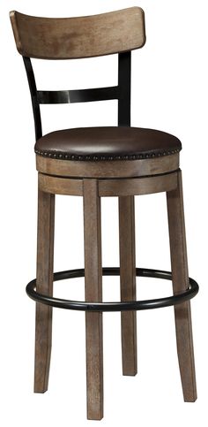 a wooden stool with black leather seat and backrests on an isolated white background