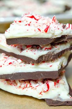 chocolate and peppermint barkle candy bars stacked on top of each other