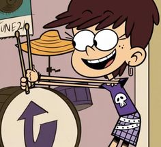 a cartoon character holding a drum in front of a sign with the letter q on it