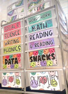 some signs are stacked on top of each other in front of a shelf with books